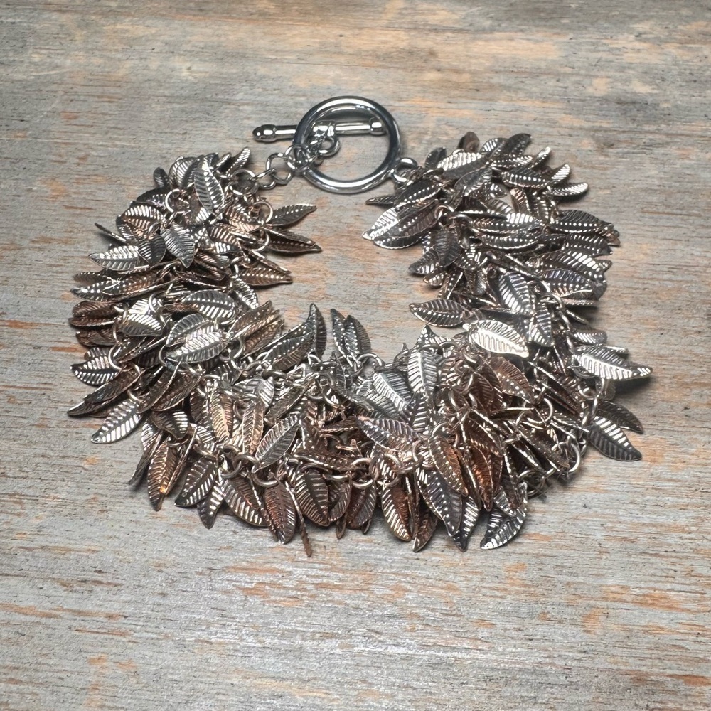 Champagne Tone Leaf Fringe Layered Bracelet